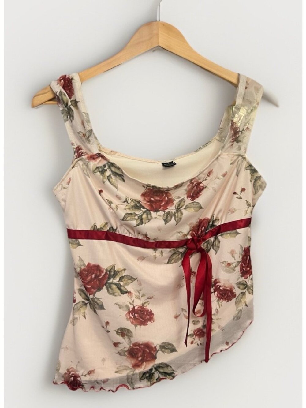 L Y2k Sheer Floral Rose Mesh Babydoll Tank Top Fairy Coquette Romantic Mori Kei